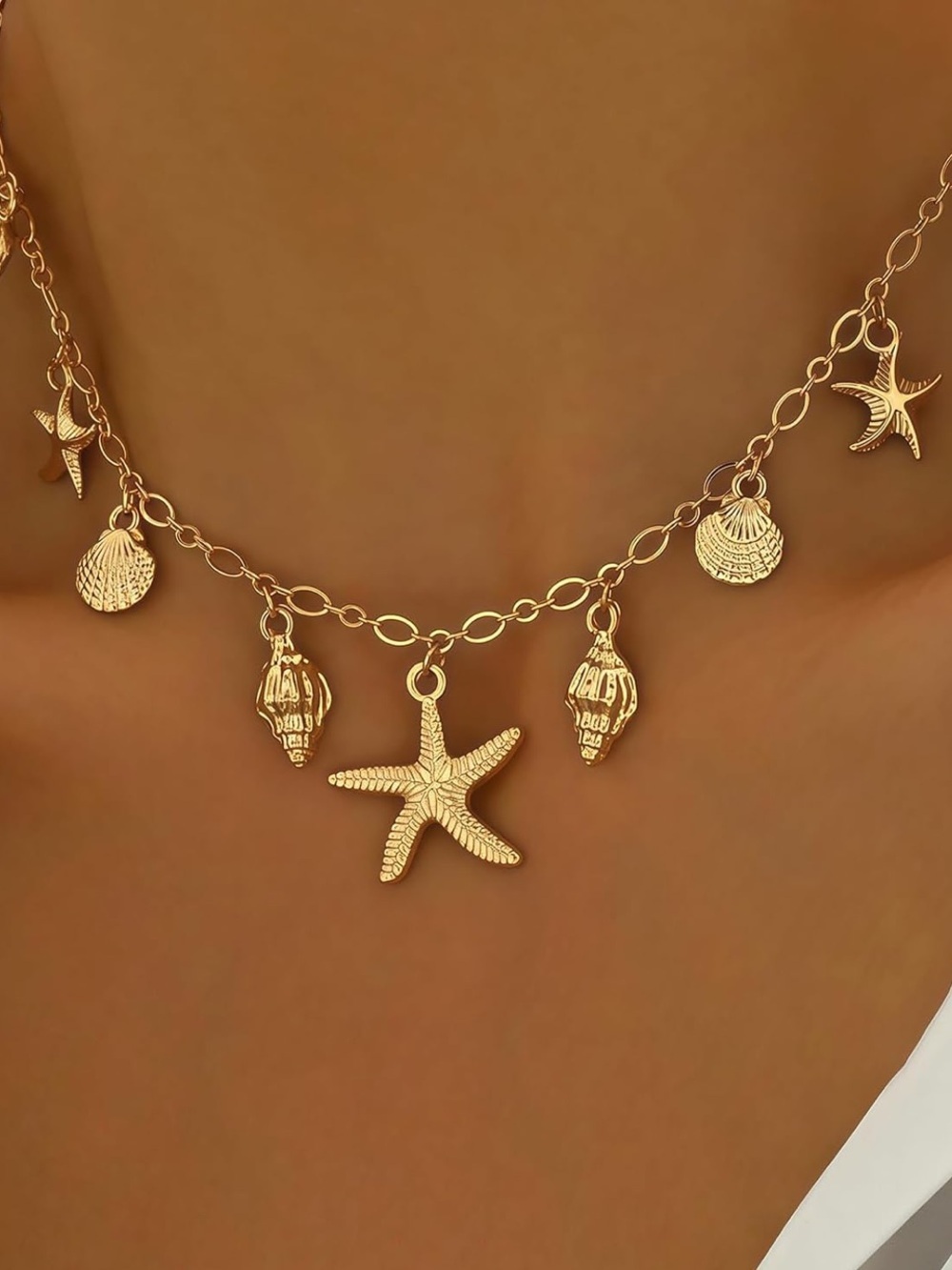 Anthropologie Gold Seashell & Starfish Charm Chain Necklace